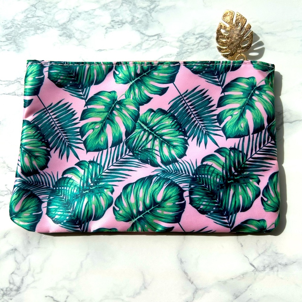 Tropical Cosmetic Bag - New Ipsy. Pink & Green with Palm Leaf Zipper Pull.